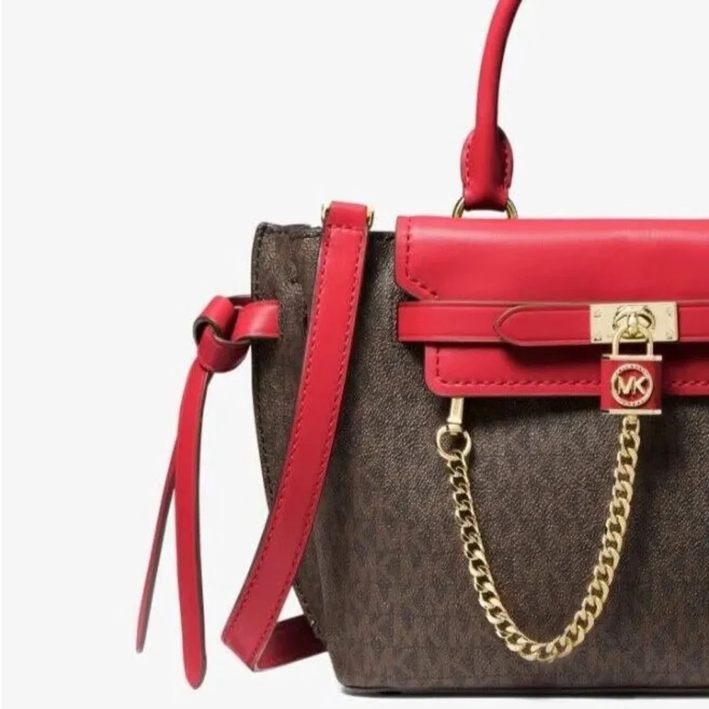 NWT - Michael Kors Hamilton Legacy Sm Logo Belted Satchel, Crimson/Brown - Picture 3 of 11